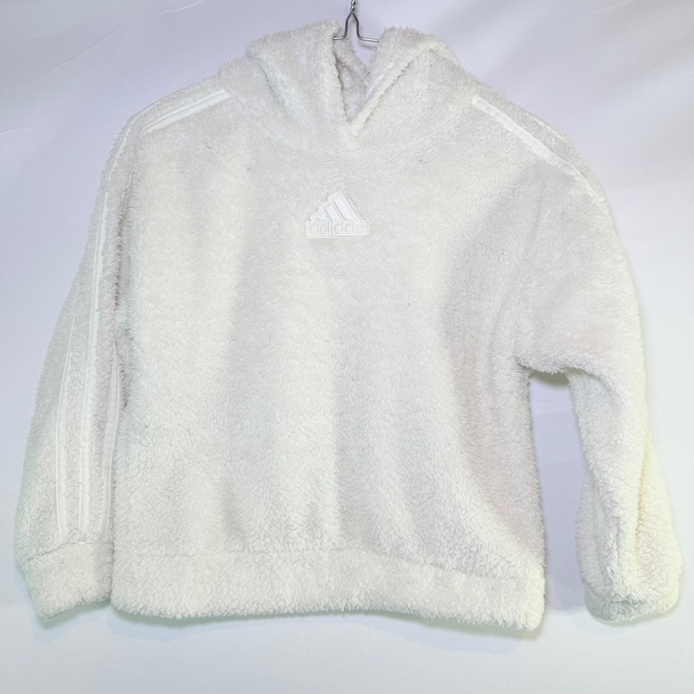 Adidas Girls White Sherpa Fleece Hoodie Size S 7/8 Fuzzy Pullover 3-Stripe Logo
